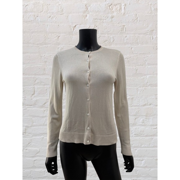 August Silk Petite Cardigan 100% Silk Beige Button Front Size P - Picture 3 of 9